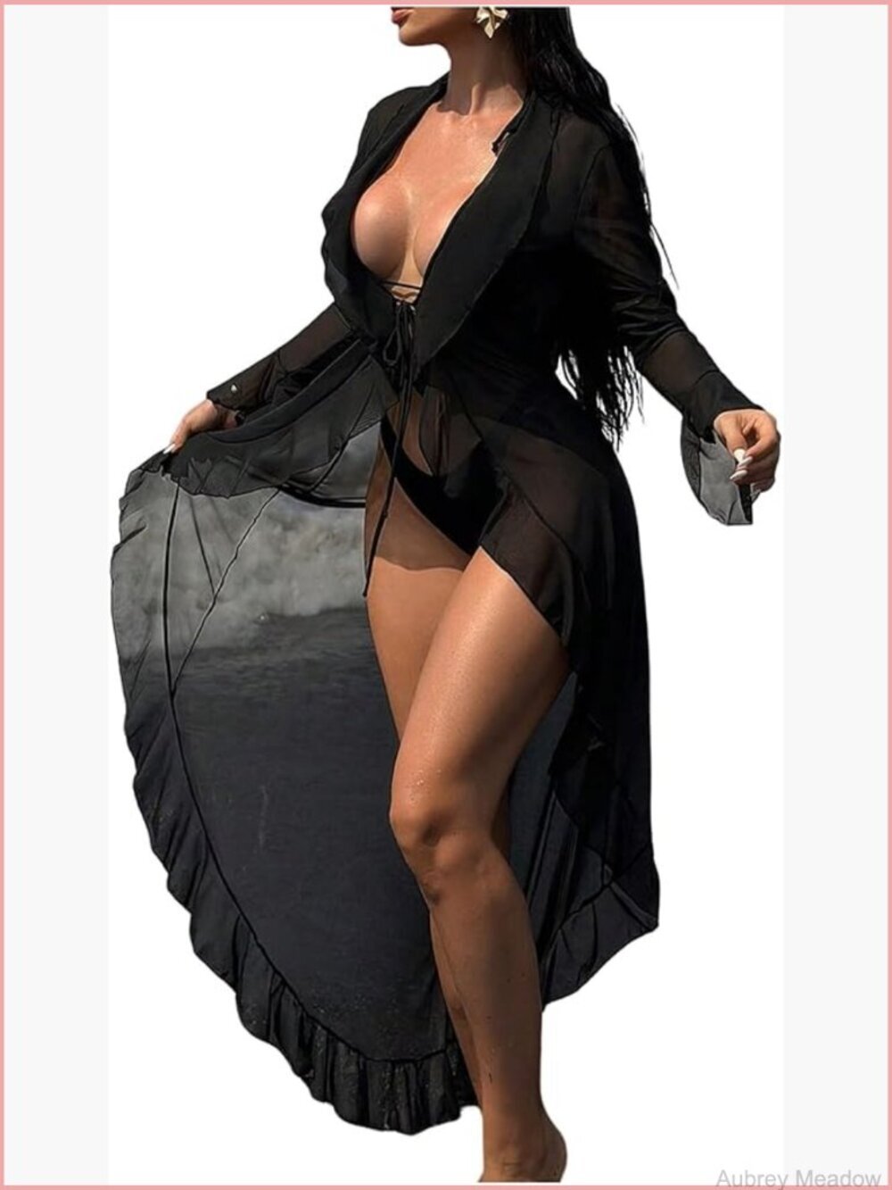 Ruffle Tie Front Cover Up Mesh V Neck Long Sleeve Beach Kimono Cardigan